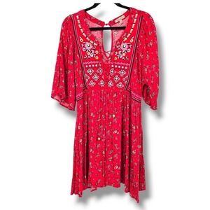 Wonderly Floral Embroidered‎ Peasant Dress Flare Sleeve Bohemian Mini Red Size S